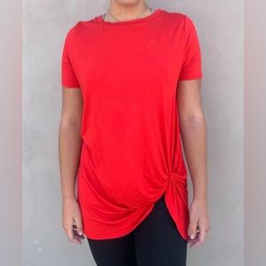Crazy Train Red Short Sleeve Tunic, knotted twisted front, size large